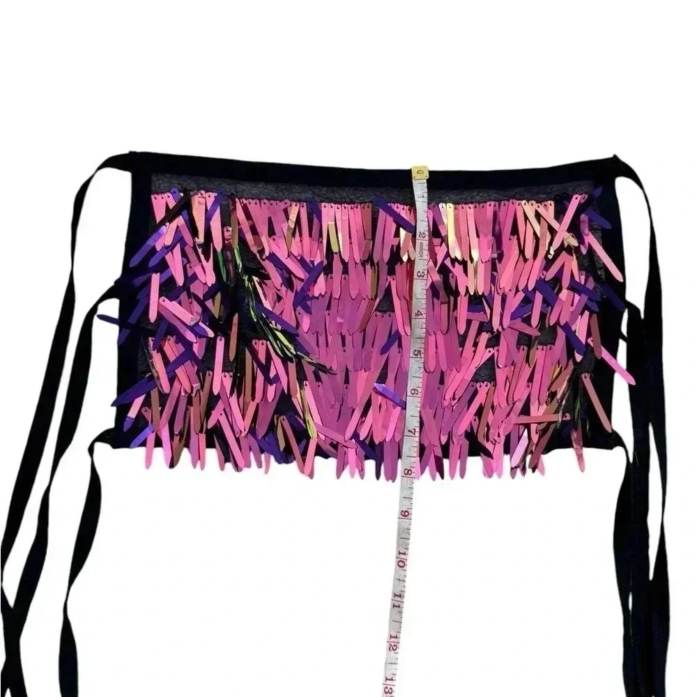 Purple Iridescent Sword Sequins Crop Top Dangling on Purple Mesh Fabric